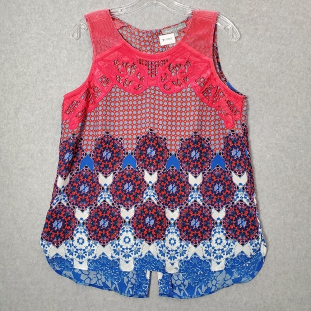 Daniel Rainn Women Top Medium Red Geometric Mandala Sleeveless Blouse Crew Neck‎